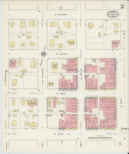 Sanborn Fire Insurance Map from Ennis, Ellis County, Texas (1915), Sheet #0002 - Historic Sanborn Fire Insurance Map Print, vintage old map wall art, antique decor, genealogy gift, Texas Texas map