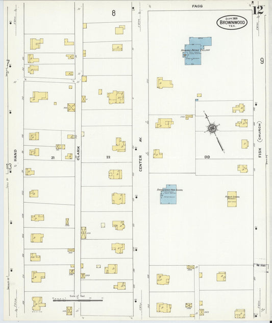 Sanborn Fire Insurance Map from Brownwood, Brown County, Texas (1909), Sheet #0012 - Historic Sanborn Fire Insurance Map Print, vintage old map wall art, antique decor, genealogy gift, Texas Texas map
