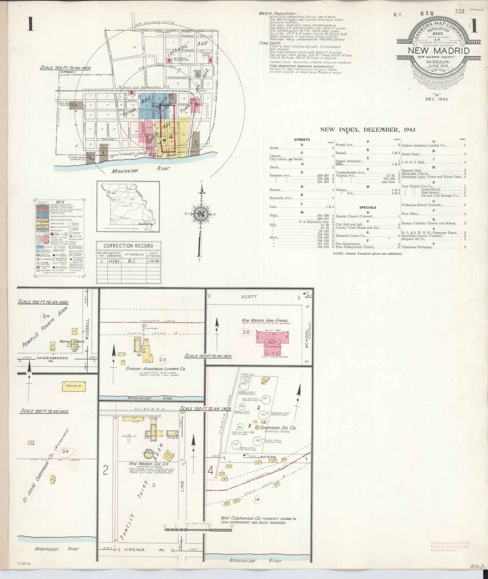 Sanborn Fire Insurance Map from New Madrid, New Madrid County, Missouri (1943), Sheet #0001 - Complete Map Set gallery image, historic Sanborn map, vintage wall art, Missouri Missouri