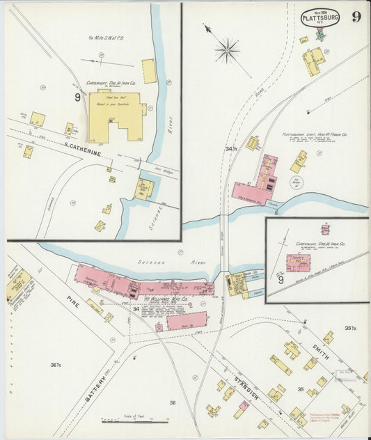Sanborn Fire Insurance Map from Plattsburg, Clinton County, New York (1896), Sheet #0009 - Historic Sanborn Fire Insurance Map Print, vintage old map wall art, antique decor, genealogy gift, New York New York map