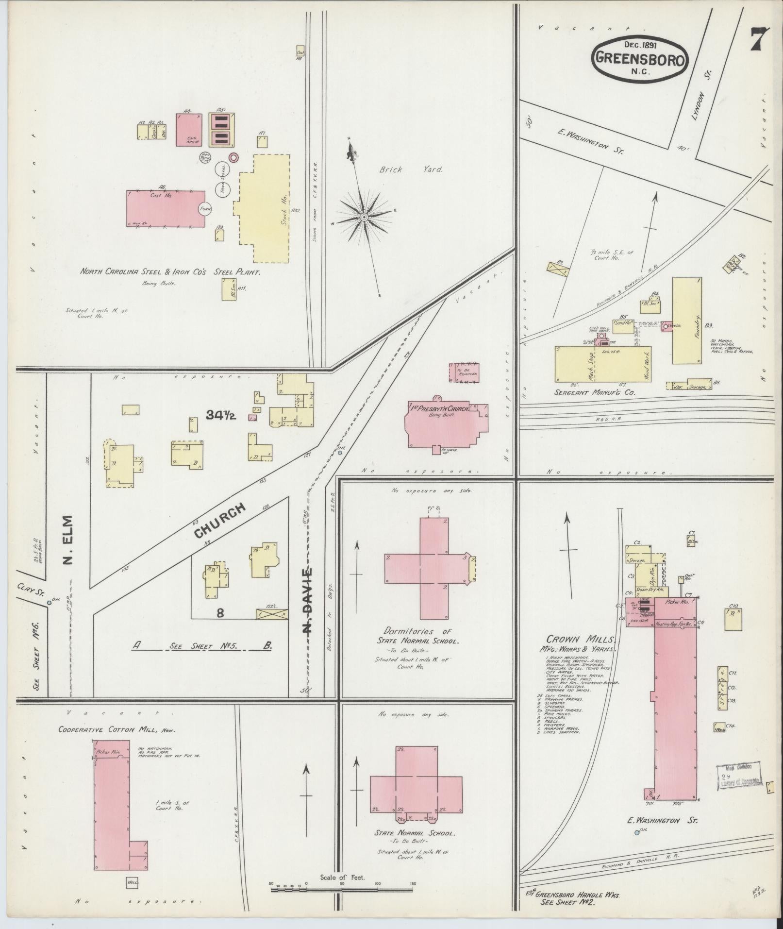 Sanborn Fire Insurance Map from Greensboro, Guilford County, North Carolina (1891), Sheet #0007 - Complete Map Set gallery image, historic Sanborn map, vintage wall art, North Carolina North Carolina