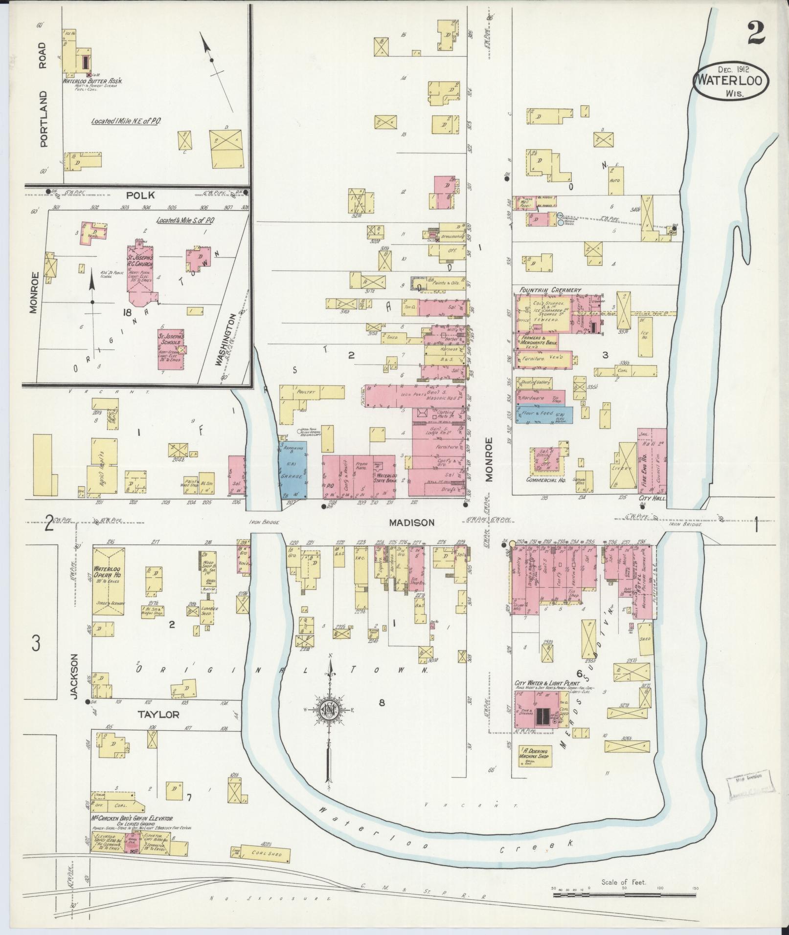 Sanborn Fire Insurance Map from Waterloo, Jefferson County, Wisconsin (1912), Sheet #0002 - Historic Sanborn Fire Insurance Map Print, vintage old map wall art, antique decor, genealogy gift, Wisconsin Wisconsin map