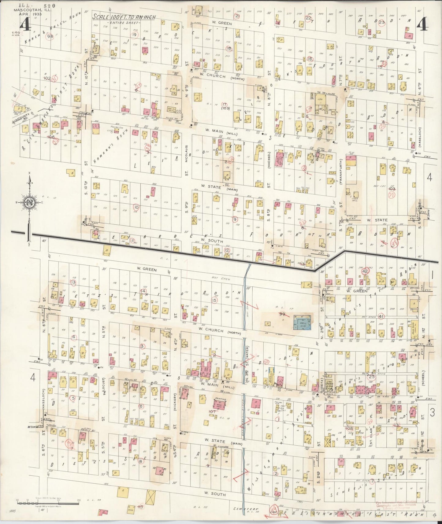 Sanborn Fire Insurance Map from Mascoutah, Saint Clair County, Illinois (1942), Sheet #0004 - Historic Sanborn Fire Insurance Map Print, vintage old map wall art, antique decor, genealogy gift, Illinois Illinois map