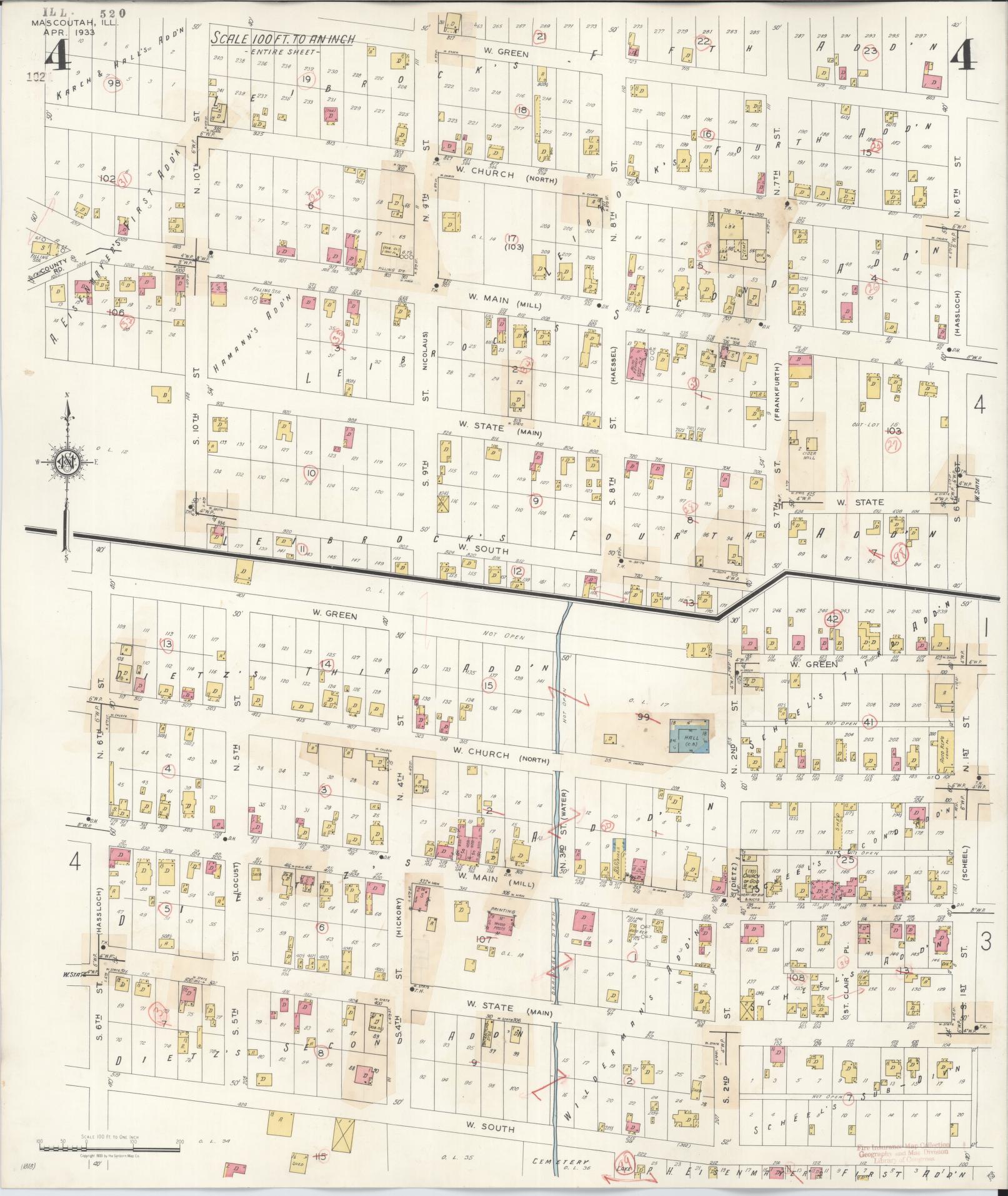 Sanborn Fire Insurance Map from Mascoutah, Saint Clair County, Illinois (1942), Sheet #0004 - Historic Sanborn Fire Insurance Map Print, vintage old map wall art, antique decor, genealogy gift, Illinois Illinois map