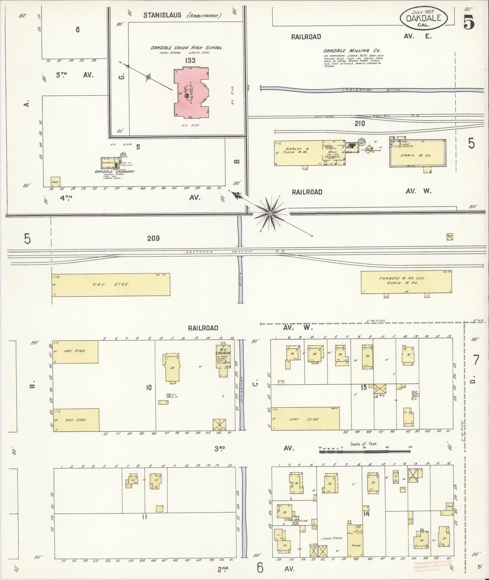 Sanborn Fire Insurance Map from Oakdale, Stanislaus County, California (1907), Sheet #0005 - Complete Map Set gallery image, historic Sanborn map, vintage wall art, California California