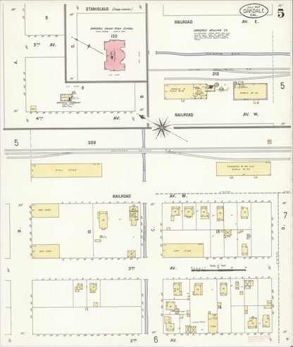 Sanborn Fire Insurance Map from Oakdale, Stanislaus County, California (1907), Sheet #0005 - Complete Map Set gallery image, historic Sanborn map, vintage wall art, California California