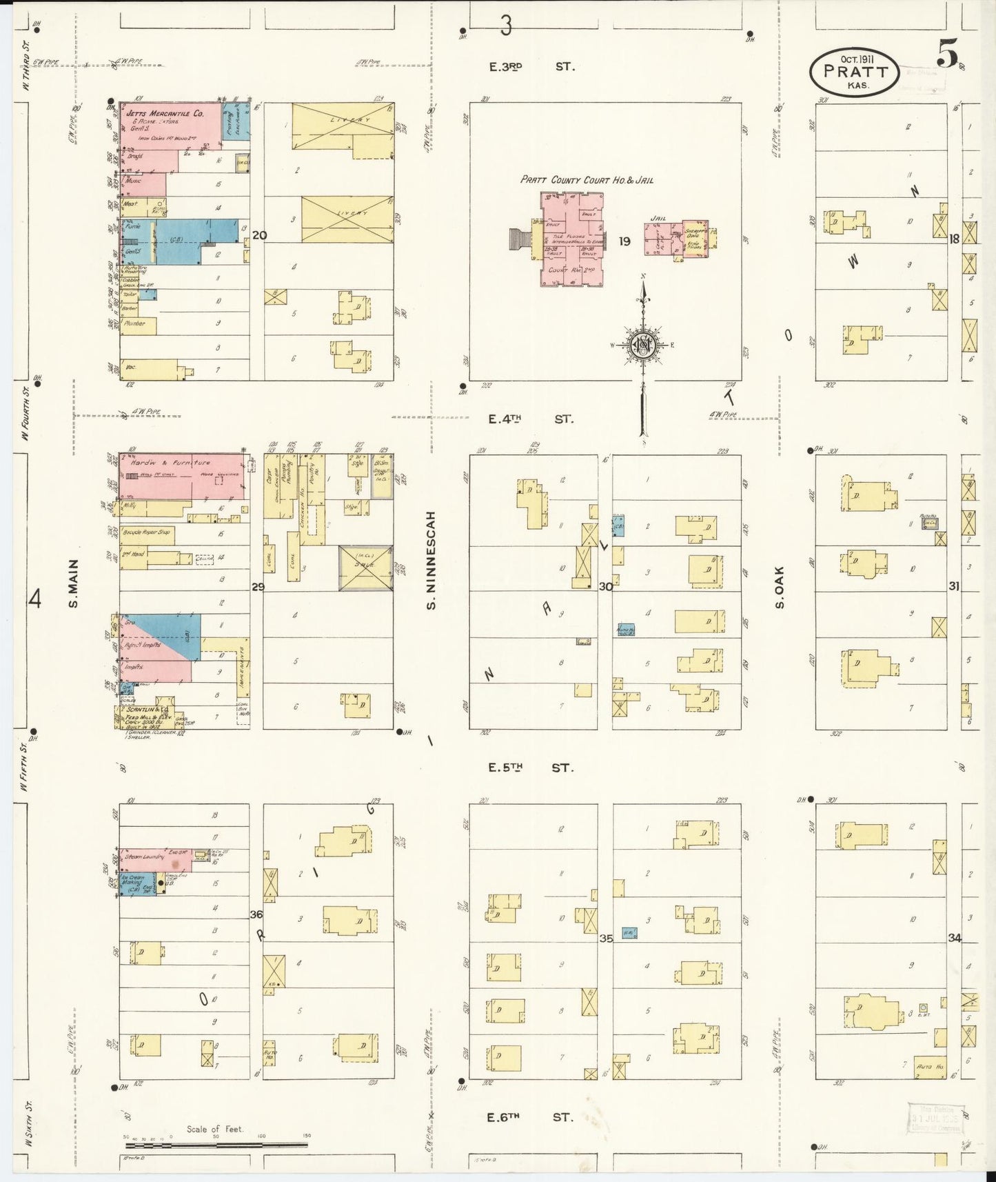 Sanborn Fire Insurance Map from Pratt, Pratt County, Kansas (1911), Sheet #0005 - Historic Sanborn Fire Insurance Map Print, vintage old map wall art, antique decor, genealogy gift, Kansas Kansas map