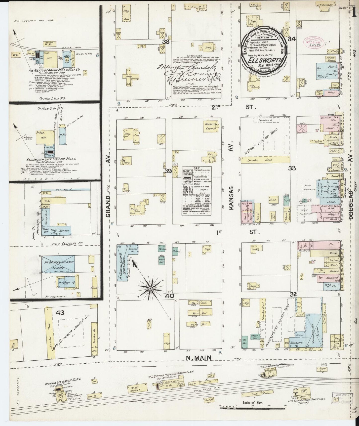 Sanborn Fire Insurance Map from Ellsworth, Ellsworth County, Kansas (1888), Sheet #0001 - Complete Map Set gallery image, historic Sanborn map, vintage wall art, Kansas Kansas