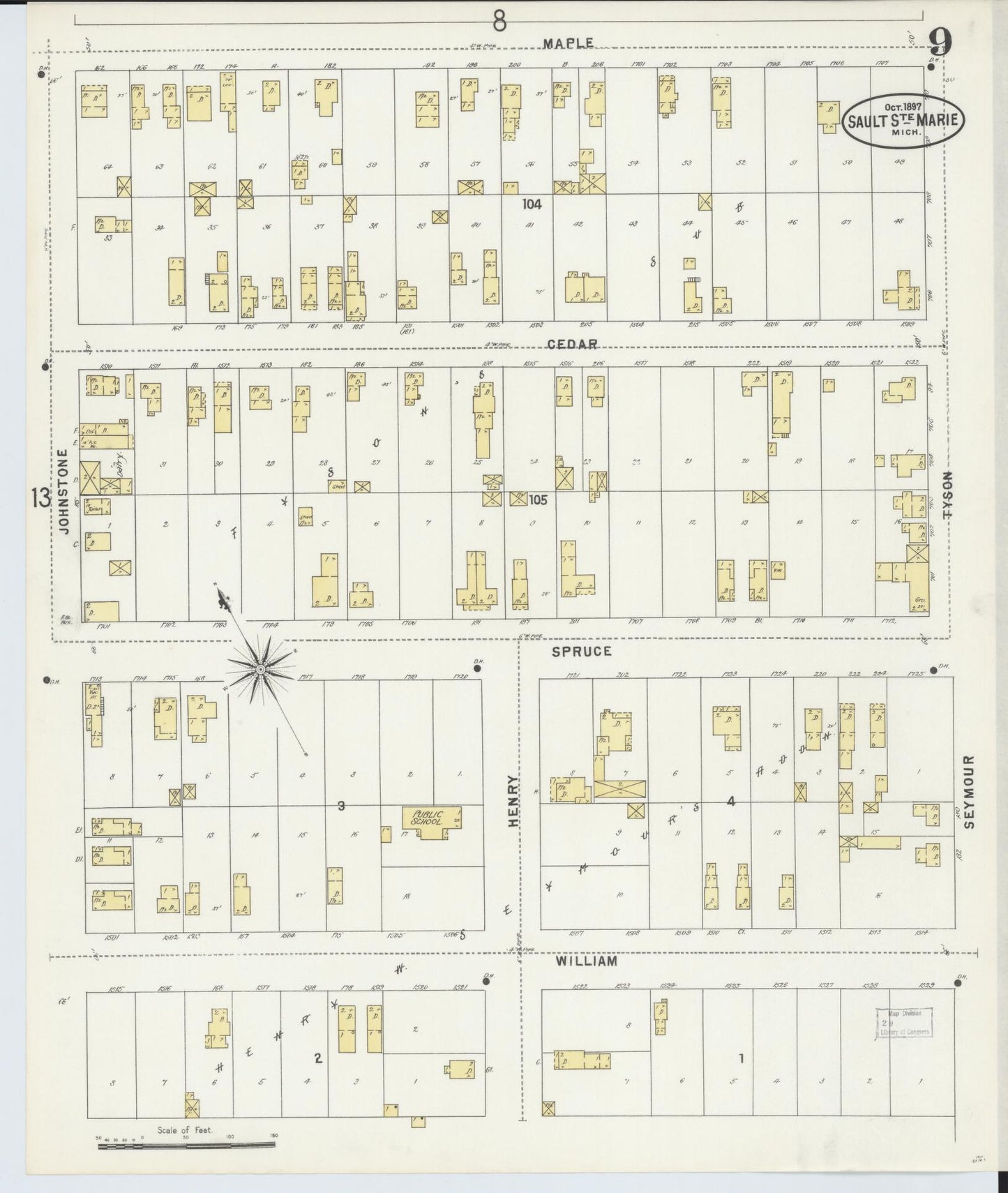 Sanborn Fire Insurance Map from Sault Sainte Marie, Chippewa County, Michigan (1897), Sheet #0009 - Historic Sanborn Fire Insurance Map Print, vintage old map wall art, antique decor, genealogy gift, Michigan Michigan map