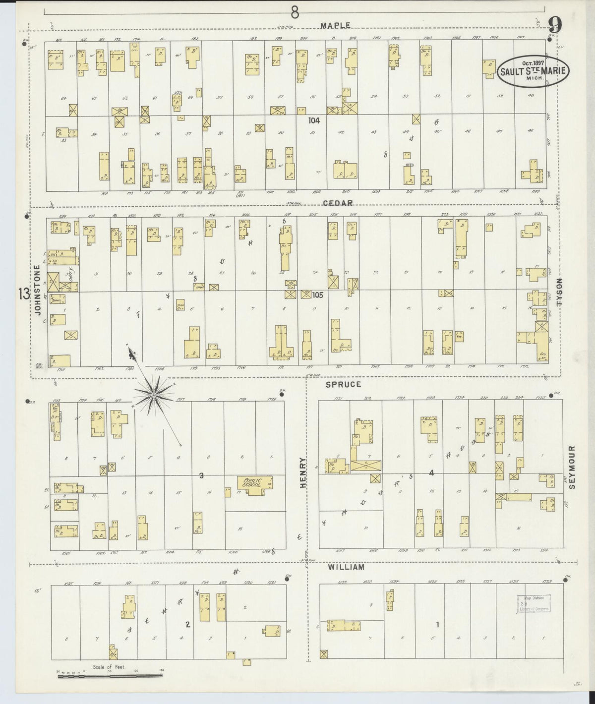 Sanborn Fire Insurance Map from Sault Sainte Marie, Chippewa County, Michigan (1897), Sheet #0009 - Historic Sanborn Fire Insurance Map Print, vintage old map wall art, antique decor, genealogy gift, Michigan Michigan map