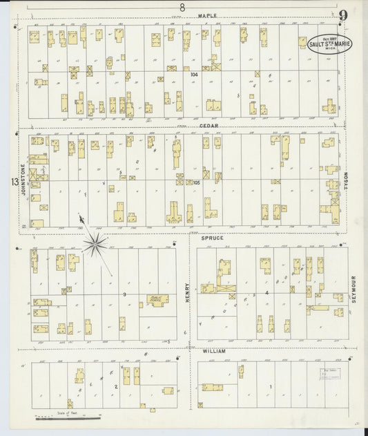 Sanborn Fire Insurance Map from Sault Sainte Marie, Chippewa County, Michigan (1897), Sheet #0009 - Historic Sanborn Fire Insurance Map Print, vintage old map wall art, antique decor, genealogy gift, Michigan Michigan map