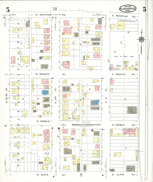 Sanborn Fire Insurance Map from Albuquerque, Bernalillo County, New Mexico (1924), Sheet #0005 - Historic Sanborn Fire Insurance Map Print, vintage old map wall art, antique decor, genealogy gift, New Mexico New Mexico map