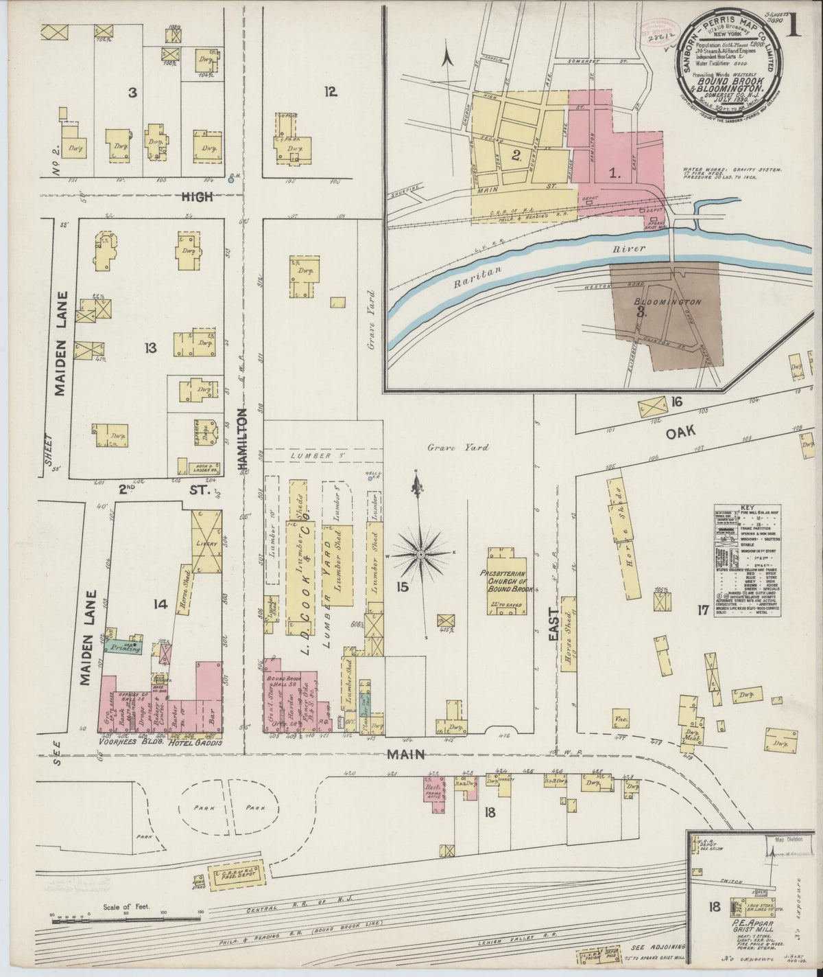 Sanborn Fire Insurance Map from Bound Brook, Somerset County, New Jersey (1890), Sheet #0001 - Historic Sanborn Fire Insurance Map Print, vintage old map wall art, antique decor, genealogy gift, New Jersey New Jersey map