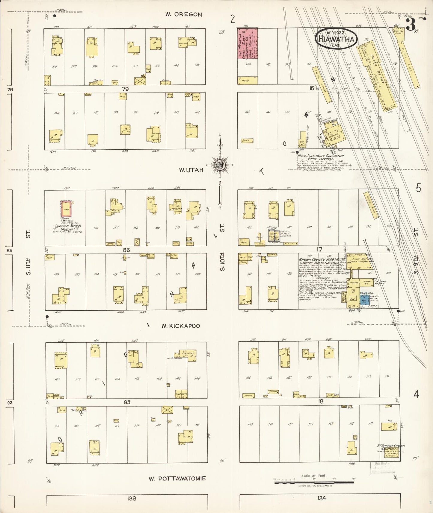 Sanborn Fire Insurance Map from Hiawatha, Brown County, Kansas (1922), Sheet #0003 - Complete Map Set gallery image, historic Sanborn map, vintage wall art, Kansas Kansas