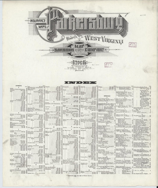 Sanborn Fire Insurance Map from Parkersburg, Wood County, West Virginia (1916), Sheet #0001 - Historic Sanborn Fire Insurance Map Print, vintage old map wall art, antique decor, genealogy gift, West Virginia West Virginia map