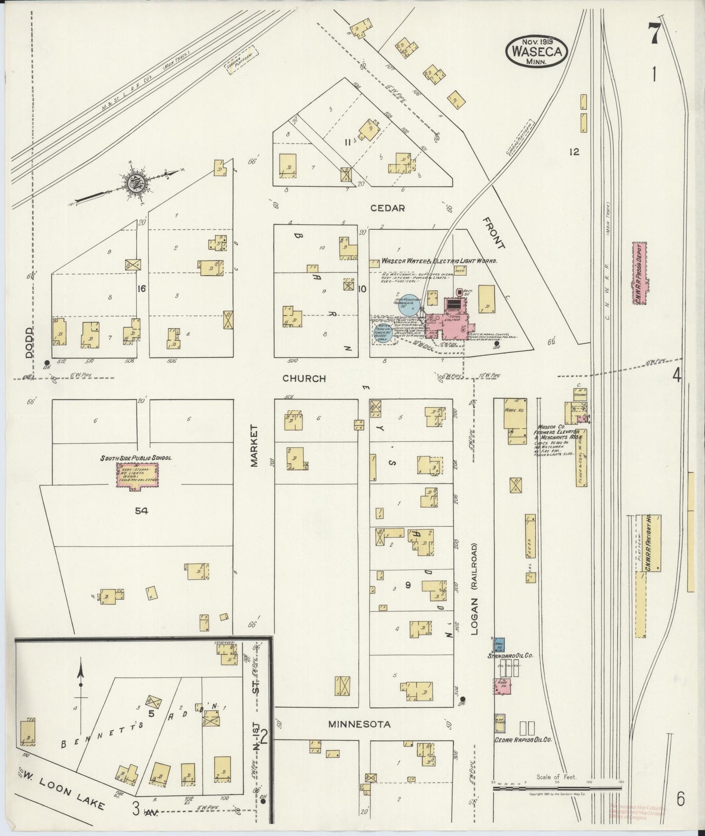 Sanborn Fire Insurance Map from Waseca, Waseca County, Minnesota (1919), Sheet #0007 - Historic Sanborn Fire Insurance Map Print, vintage old map wall art, antique decor, genealogy gift, Minnesota Minnesota map