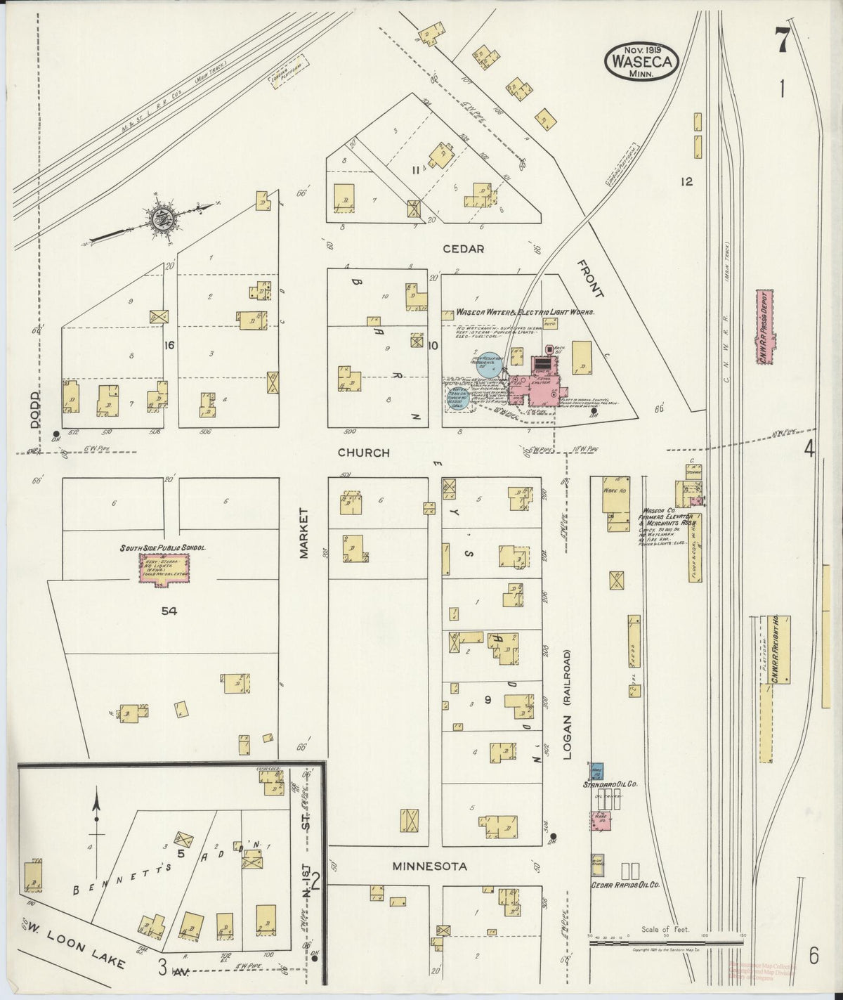 Sanborn Fire Insurance Map from Waseca, Waseca County, Minnesota (1919), Sheet #0007 - Historic Sanborn Fire Insurance Map Print, vintage old map wall art, antique decor, genealogy gift, Minnesota Minnesota map