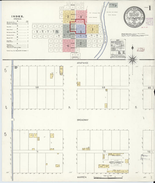 Sanborn Fire Insurance Map from Thermopolis, Hot Springs County, Wyoming (1907), Sheet #0001 - Historic Sanborn Fire Insurance Map Print, vintage old map wall art, antique decor, genealogy gift, Wyoming Wyoming map