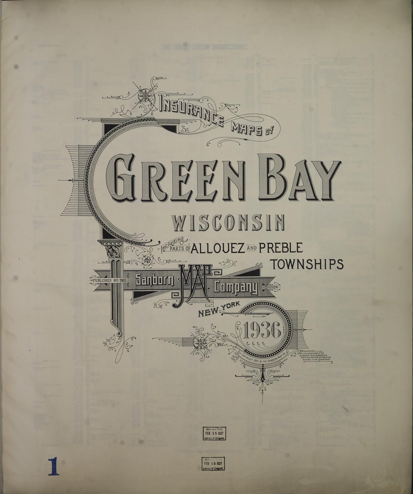 Sanborn Fire Insurance Map from Green Bay, Brown County, Wisconsin (1936), Sheet #0001 - Historic Sanborn Fire Insurance Map Print, vintage old map wall art, antique decor, genealogy gift, Wisconsin Wisconsin map