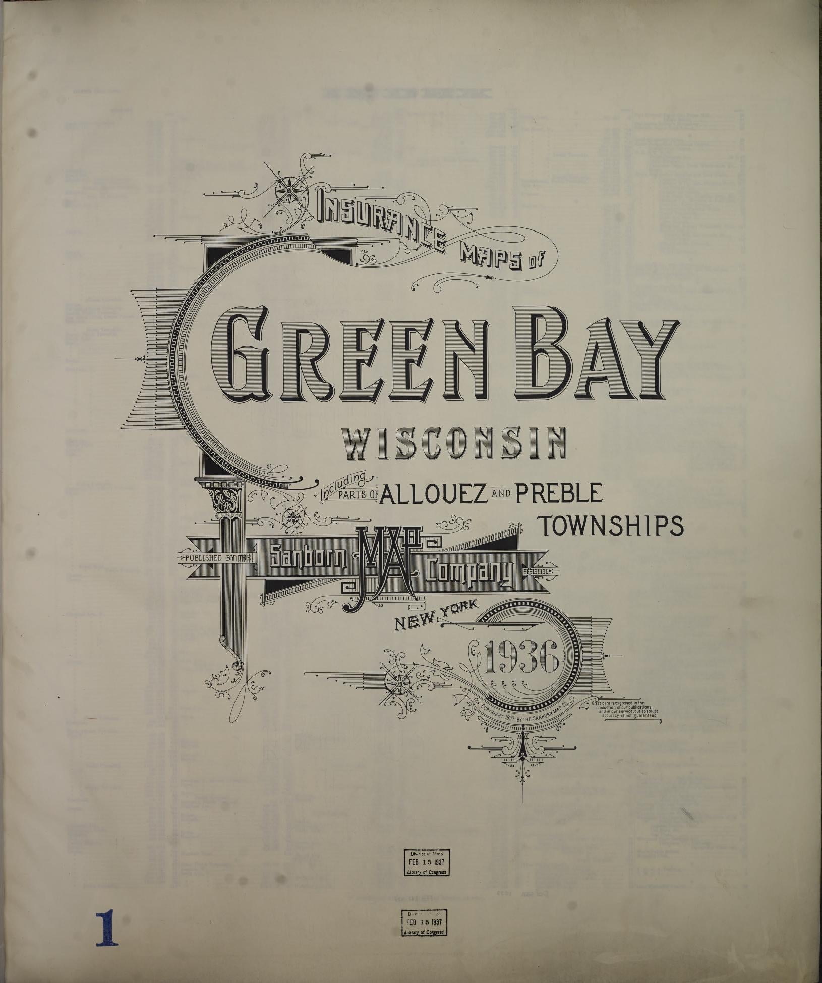 Sanborn Fire Insurance Map from Green Bay, Brown County, Wisconsin (1936), Sheet #0001 - Historic Sanborn Fire Insurance Map Print, vintage old map wall art, antique decor, genealogy gift, Wisconsin Wisconsin map