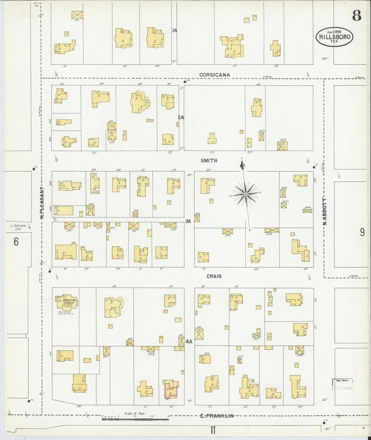 Sanborn Fire Insurance Map from Hillsboro, Hill County, Texas (1900), Sheet #0008 - Complete Map Set gallery image, historic Sanborn map, vintage wall art, Texas Texas