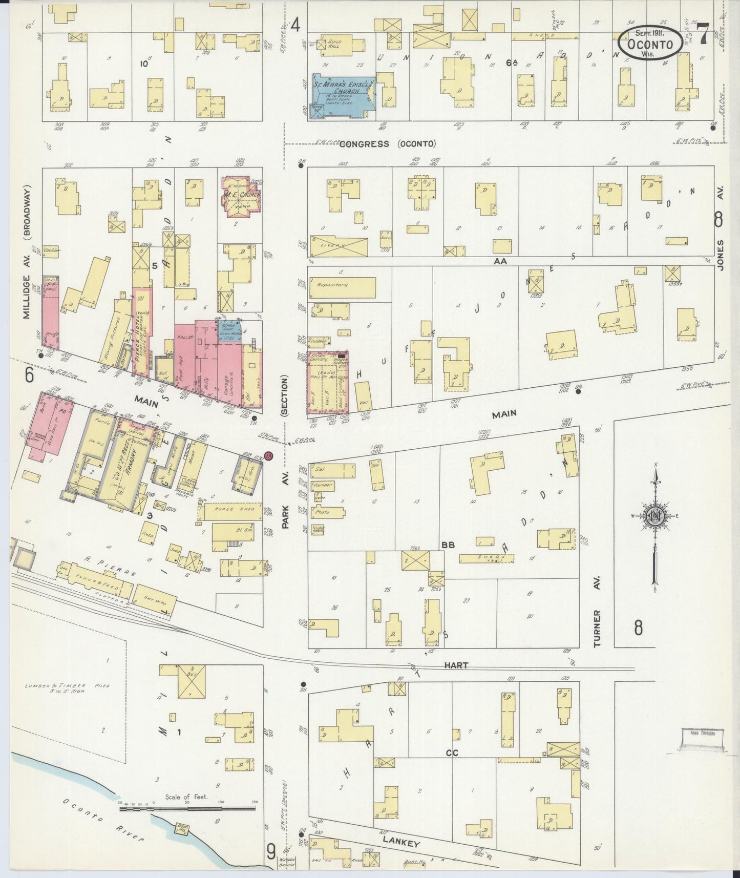 Sanborn Fire Insurance Map from Oconto, Oconto County, Wisconsin (1911), Sheet #0007 - Historic Sanborn Fire Insurance Map Print, vintage old map wall art, antique decor, genealogy gift, Wisconsin Wisconsin map