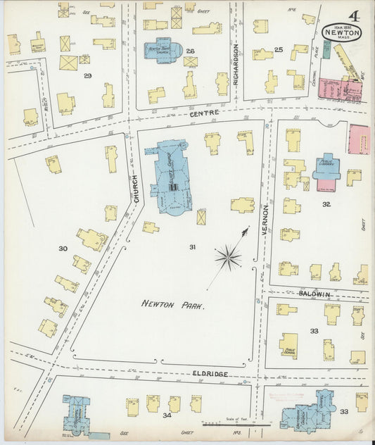 Sanborn Fire Insurance Map from Newton, Middlesex County, Massachusetts (1892), Sheet #0004 - Historic Sanborn Fire Insurance Map Print, vintage old map wall art, antique decor, genealogy gift, Massachusetts Massachusetts map