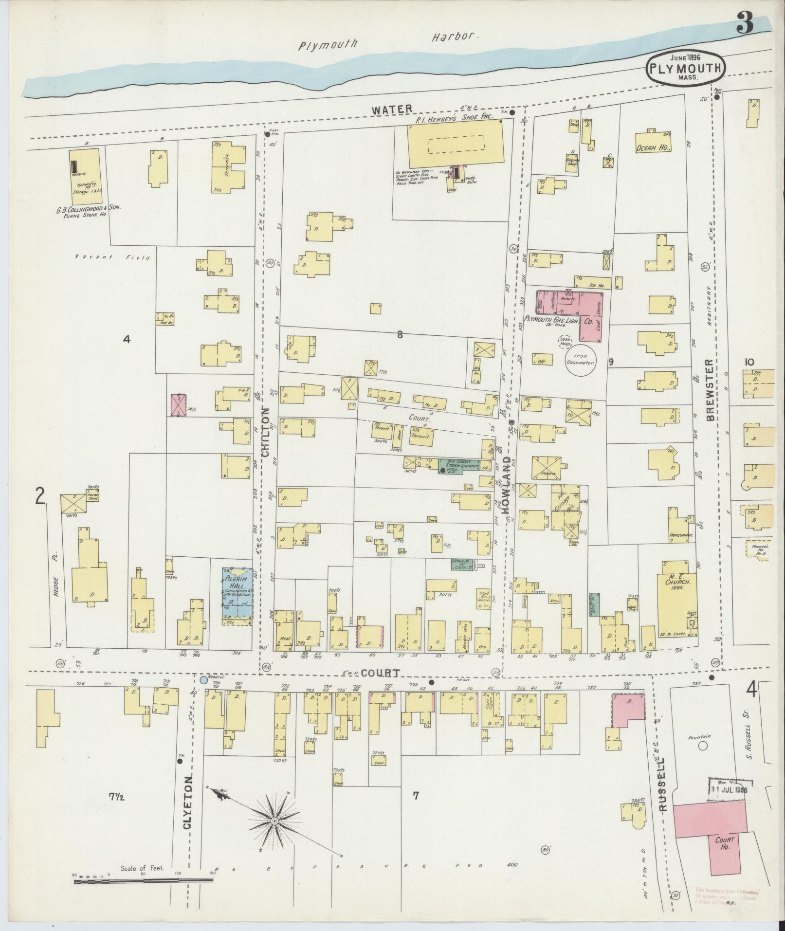 Sanborn Fire Insurance Map from Plymouth, Plymouth County, Massachusetts (1896), Sheet #0003 - Complete Map Set gallery image, historic Sanborn map, vintage wall art, Massachusetts Massachusetts