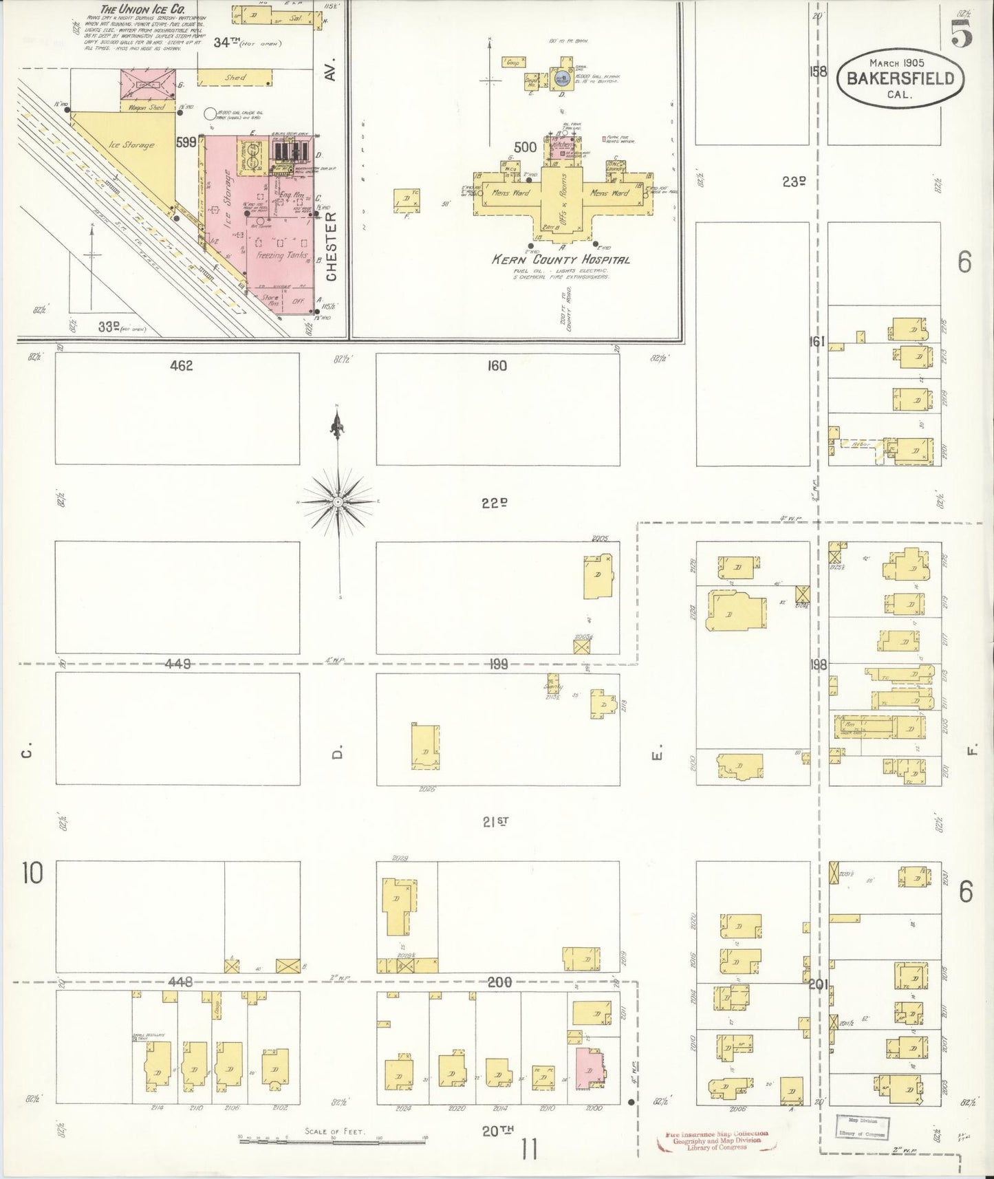 Sanborn Fire Insurance Map from Bakersfield, Kern County, California (1905), Sheet #0005 - Historic Sanborn Fire Insurance Map Print, vintage old map wall art, antique decor, genealogy gift, California California map