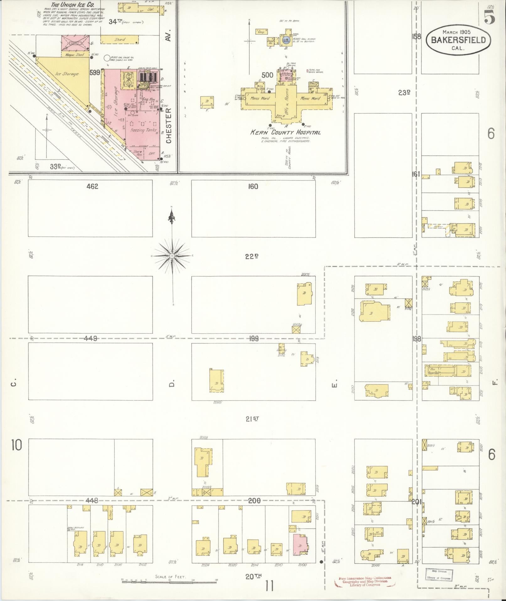 Sanborn Fire Insurance Map from Bakersfield, Kern County, California (1905), Sheet #0005 - Historic Sanborn Fire Insurance Map Print, vintage old map wall art, antique decor, genealogy gift, California California map