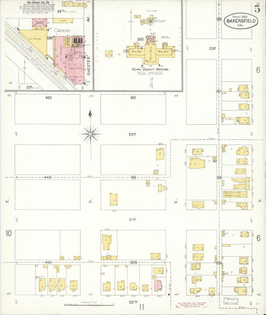 Sanborn Fire Insurance Map from Bakersfield, Kern County, California (1905), Sheet #0005 - Historic Sanborn Fire Insurance Map Print, vintage old map wall art, antique decor, genealogy gift, California California map