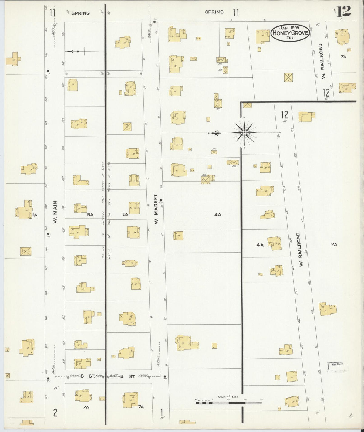 Sanborn Fire Insurance Map from Honey Grove, Fannin County, Texas (1909), Sheet #0012 - Complete Map Set gallery image, historic Sanborn map, vintage wall art, Texas Texas