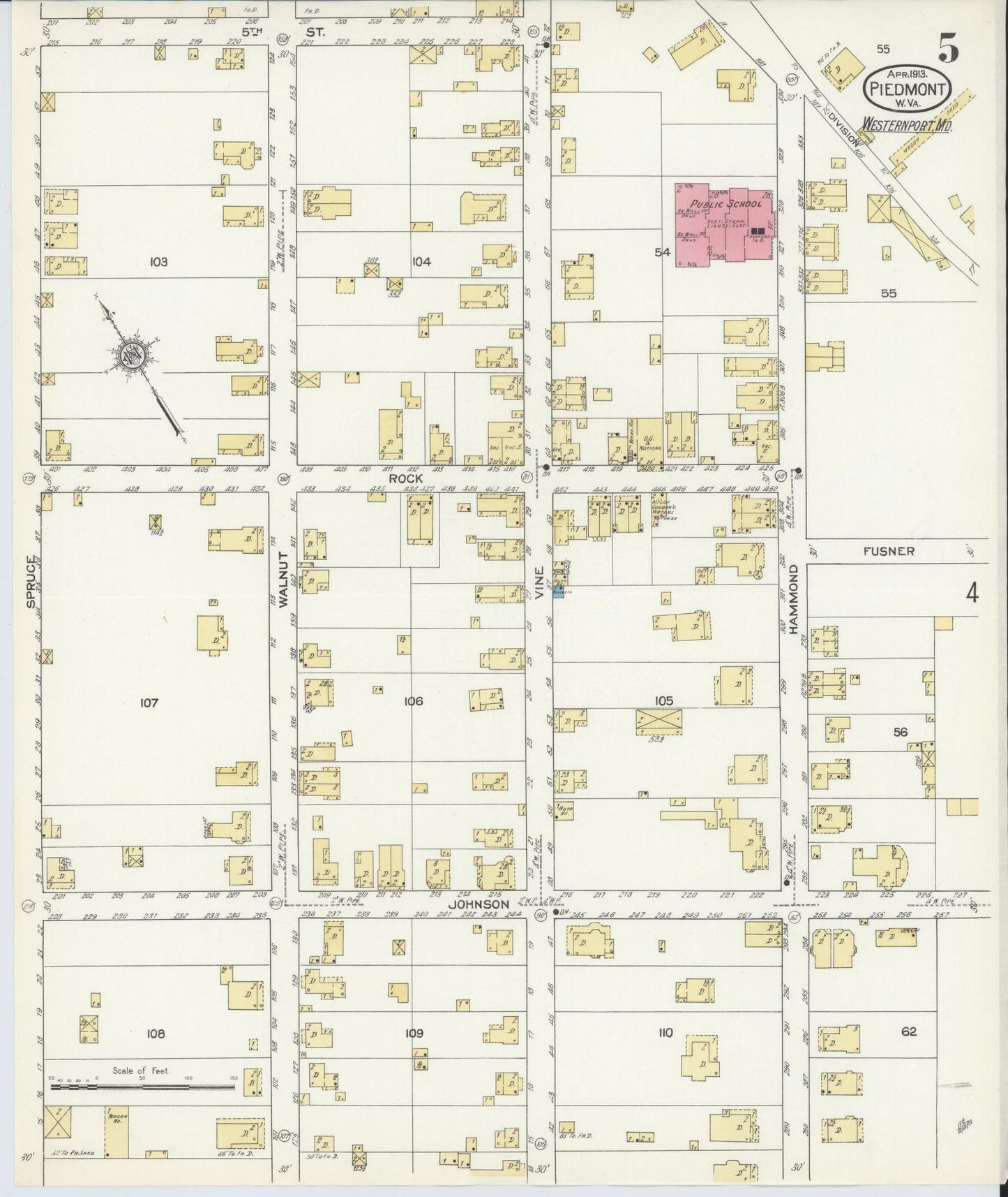 Sanborn Fire Insurance Map from Piedmont, Mineral County, West Virginia (1913), Sheet #0005 - Historic Sanborn Fire Insurance Map Print, vintage old map wall art, antique decor, genealogy gift, West Virginia West Virginia map