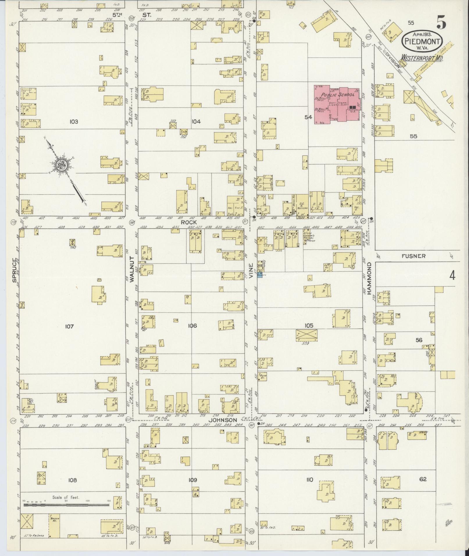 Sanborn Fire Insurance Map from Piedmont, Mineral County, West Virginia (1913), Sheet #0005 - Historic Sanborn Fire Insurance Map Print, vintage old map wall art, antique decor, genealogy gift, West Virginia West Virginia map