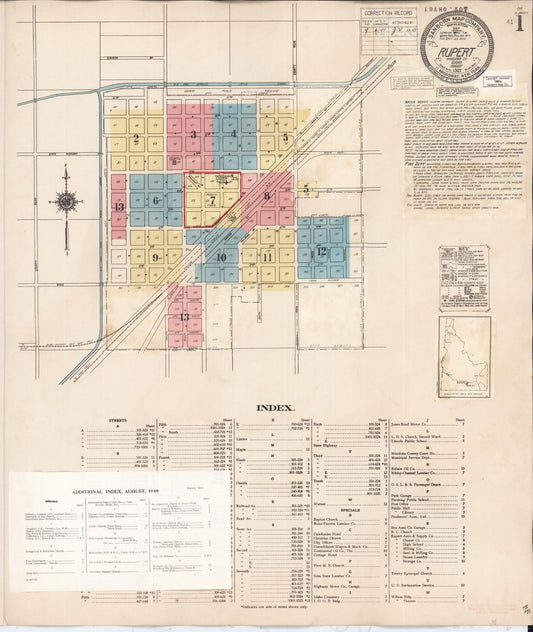 Sanborn Fire Insurance Map from Rupert, Minidoka County, Idaho (1949), Sheet #0001 - Historic Sanborn Fire Insurance Map Print, vintage old map wall art, antique decor, genealogy gift, Idaho Idaho map