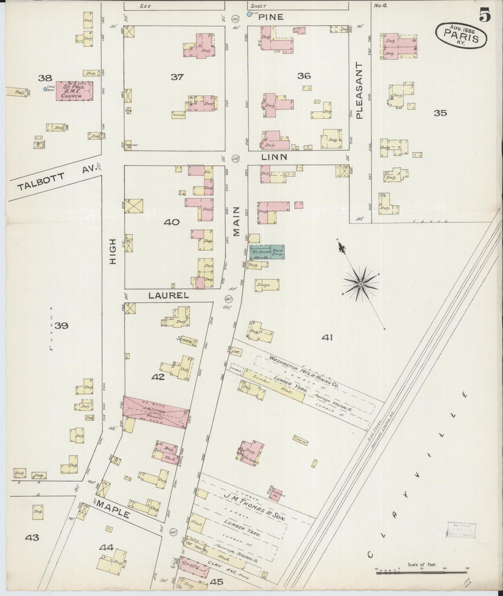 Sanborn Fire Insurance Map from Paris, Bourbon County, Kentucky (1886), Sheet #0005 - Complete Map Set gallery image, historic Sanborn map, vintage wall art, Kentucky Kentucky