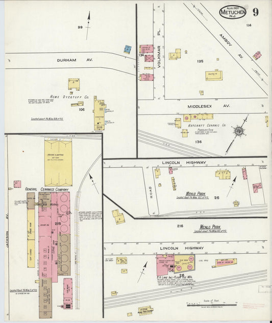 Sanborn Fire Insurance Map from Metuchen, Middlesex County, New Jersey (1920), Sheet #0009 - Historic Sanborn Fire Insurance Map Print, vintage old map wall art, antique decor, genealogy gift, New Jersey New Jersey map