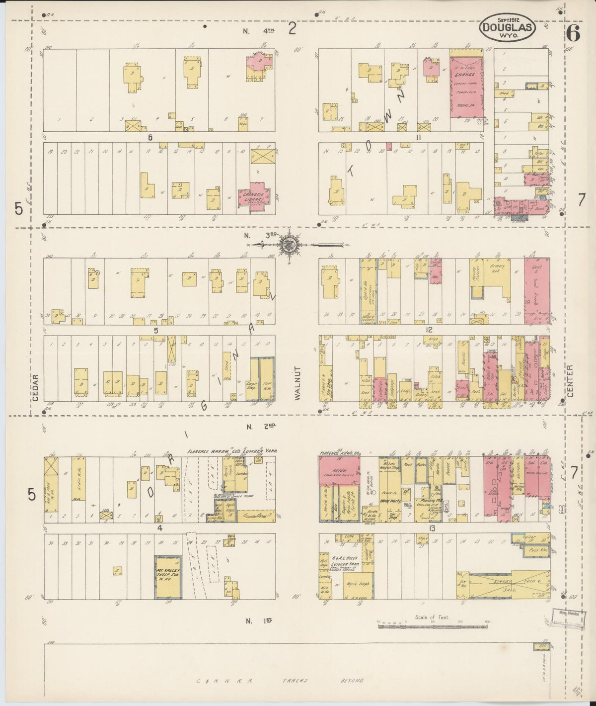 Sanborn Fire Insurance Map from Douglas, Converse County, Wyoming (1912), Sheet #0006 - Historic Sanborn Fire Insurance Map Print, vintage old map wall art, antique decor, genealogy gift, Wyoming Wyoming map