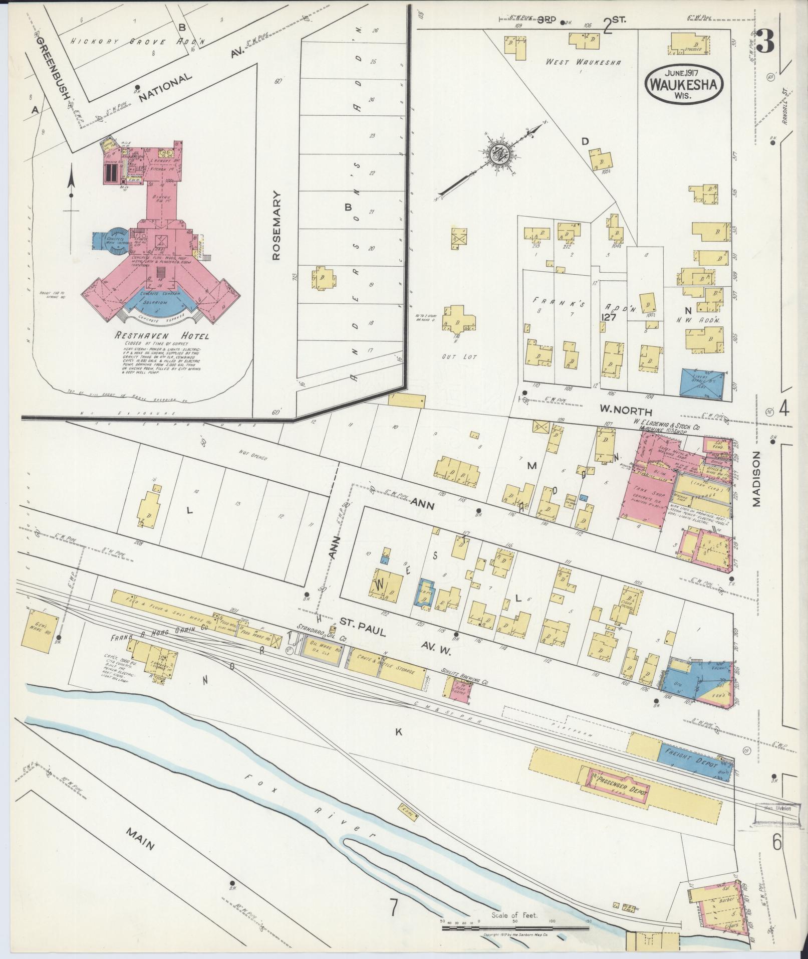 Sanborn Fire Insurance Map from Waukesha, Waukesha County, Wisconsin (1917), Sheet #0003 - Complete Map Set gallery image, historic Sanborn map, vintage wall art, Wisconsin Wisconsin