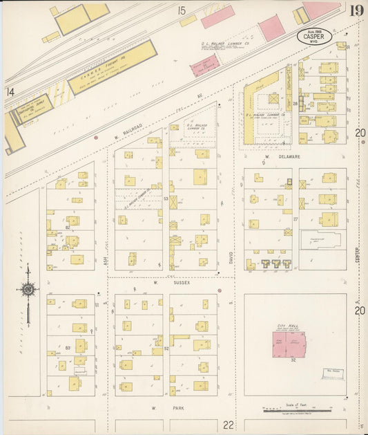 Sanborn Fire Insurance Map from Casper, Natrona County, Wyoming (1918), Sheet #0019 - Historic Sanborn Fire Insurance Map Print, vintage old map wall art, antique decor, genealogy gift, Wyoming Wyoming map