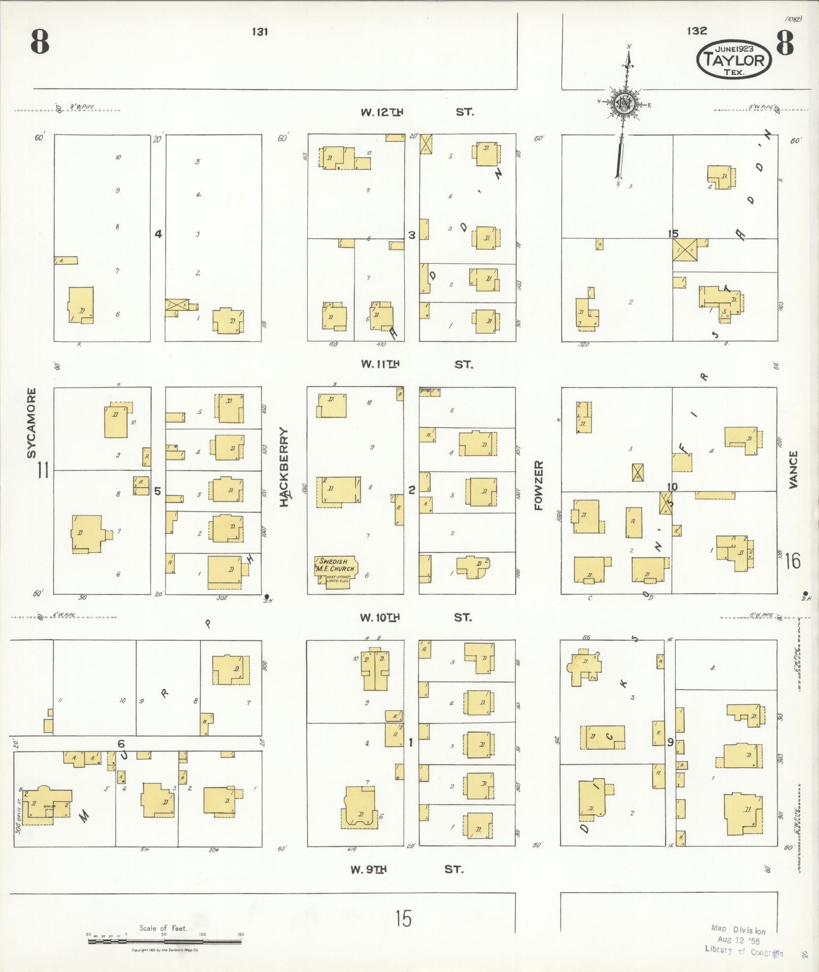 Sanborn Fire Insurance Map from Taylor, Williamson County, Texas (1923), Sheet #0008 - Complete Map Set gallery image, historic Sanborn map, vintage wall art, Texas Texas