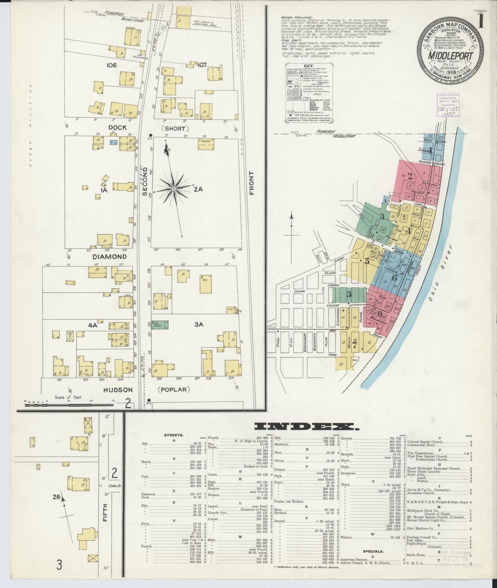 Sanborn Fire Insurance Map from Middleport, Meigs County, Ohio (1908), Sheet #0001 - Historic Sanborn Fire Insurance Map Print, vintage old map wall art, antique decor, genealogy gift, Ohio Ohio map