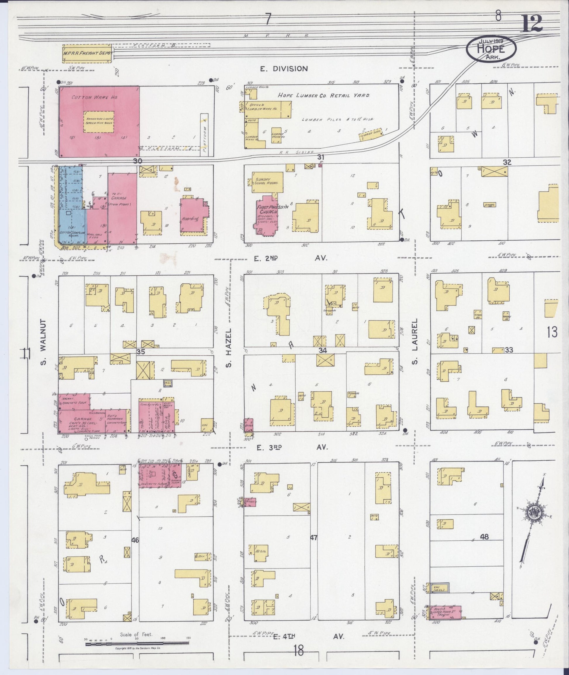 Sanborn Fire Insurance Map from Hope, Hempstead County, Arkansas (1919), Sheet #0012 - Historic Sanborn Fire Insurance Map Print, vintage old map wall art, antique decor, genealogy gift, Arkansas Arkansas map