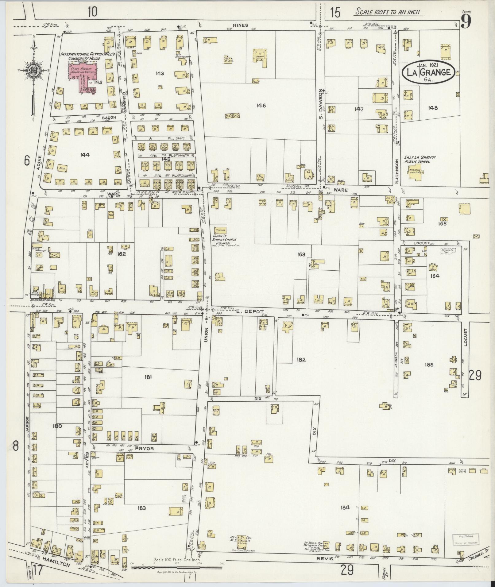 Sanborn Fire Insurance Map from La Grange, Troup County, Georgia (1921), Sheet #0009 - Historic Sanborn Fire Insurance Map Print, vintage old map wall art, antique decor, genealogy gift, Georgia Georgia map