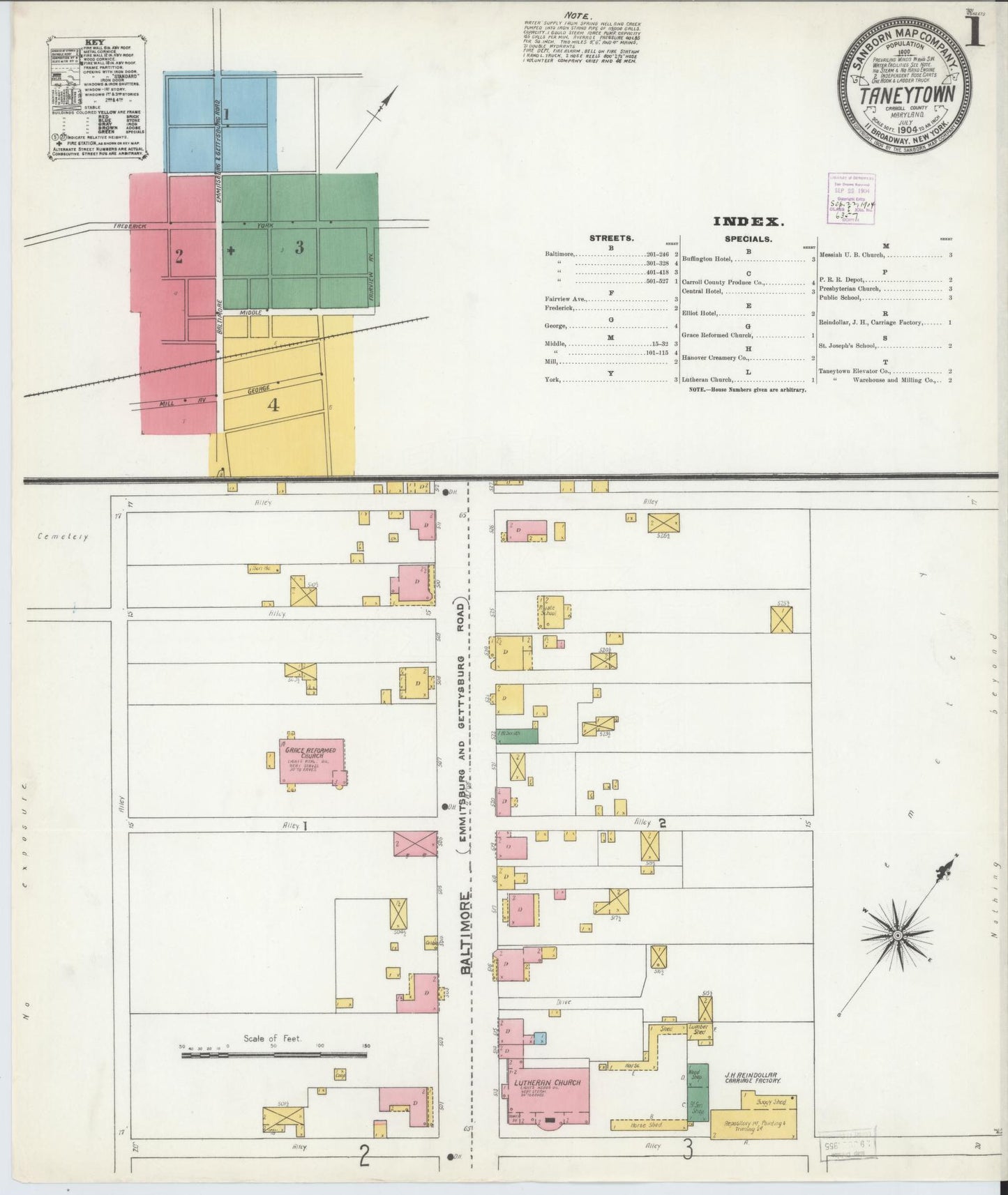 Sanborn Fire Insurance Map from Taneytown, Carroll County, Maryland (1904), Sheet #0001 - Historic Sanborn Fire Insurance Map Print, vintage old map wall art, antique decor, genealogy gift, Maryland Maryland map