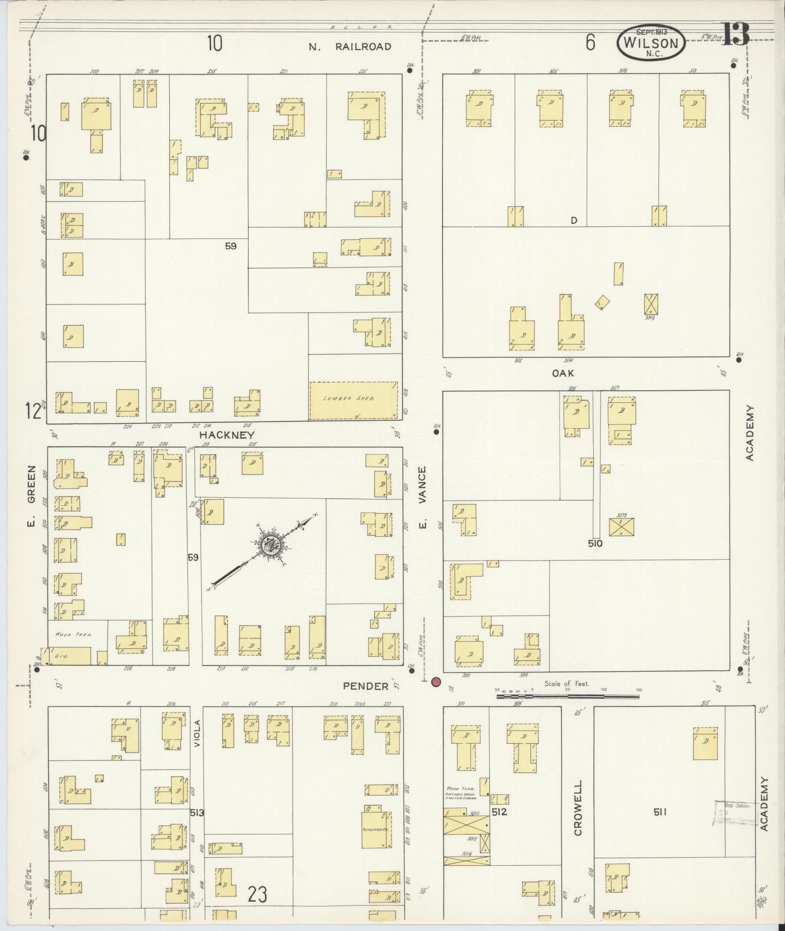 Sanborn Fire Insurance Map from Wilson, Wilson County, North Carolina (1913), Sheet #0013 - Complete Map Set gallery image, historic Sanborn map, vintage wall art, North Carolina North Carolina