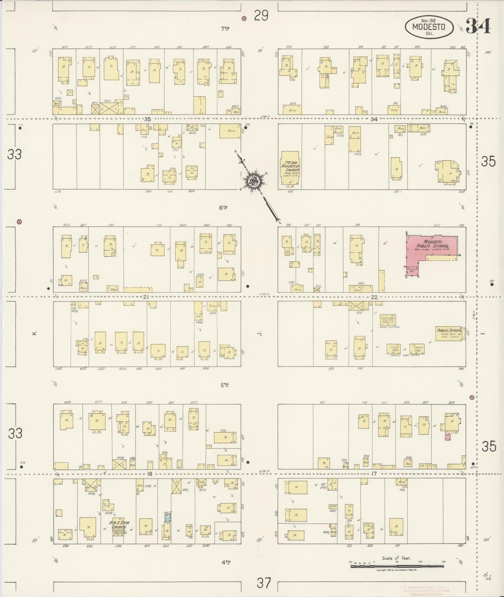 Sanborn Fire Insurance Map from Modesto, Stanislaus County, California (1919), Sheet #0034 - Historic Sanborn Fire Insurance Map Print, vintage old map wall art, antique decor, genealogy gift, California California map