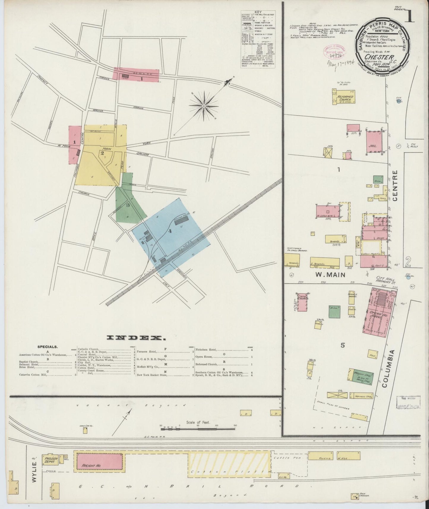 Sanborn Fire Insurance Map from Chester, Chester County, South Carolina (1894), Sheet #0001 - Complete Map Set gallery image, historic Sanborn map, vintage wall art, South Carolina South Carolina