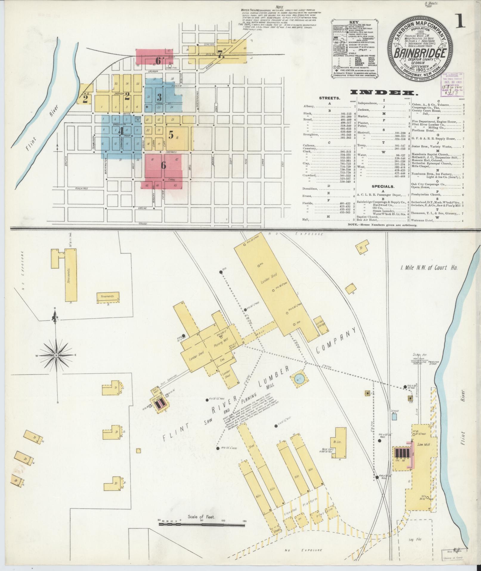 Sanborn Fire Insurance Map from Bainbridge, Decatur County, Georgia (1905), Sheet #0001 - Complete Map Set gallery image, historic Sanborn map, vintage wall art, Georgia Georgia