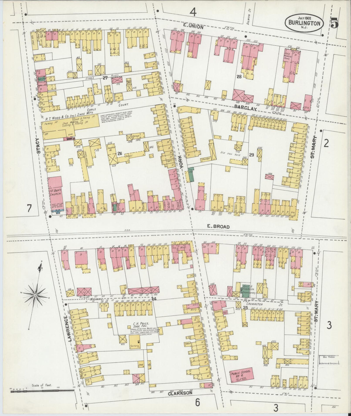 Sanborn Fire Insurance Map from Burlington, Burlington County, New Jersey (1902), Sheet #0005 - Historic Sanborn Fire Insurance Map Print, vintage old map wall art, antique decor, genealogy gift, New Jersey New Jersey map